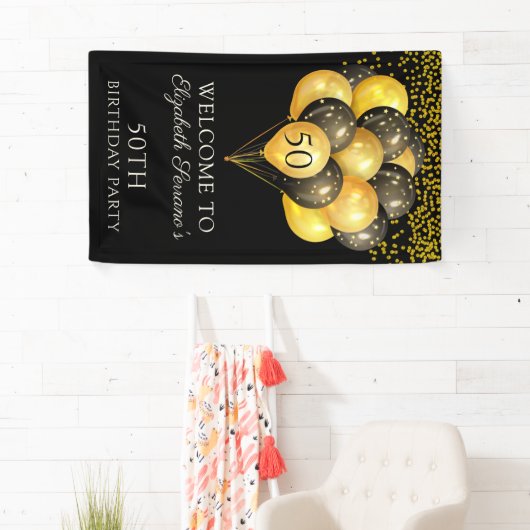 50e verjaardag Zwarte Glitter-banner voor gouden f Spandoek (Insitu)