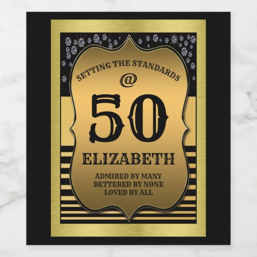 50e verjaardag - Zwarte & Gold-standaarden Wijn Etiket (Enkel label)