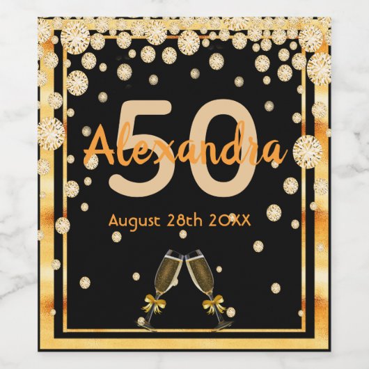 50e verjaardag zwarte gouddiamanten wijn etiket (Enkel label)
