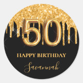 50e verjaardag zwarte gouden ballonpartij glitter ronde sticker (Voorkant)