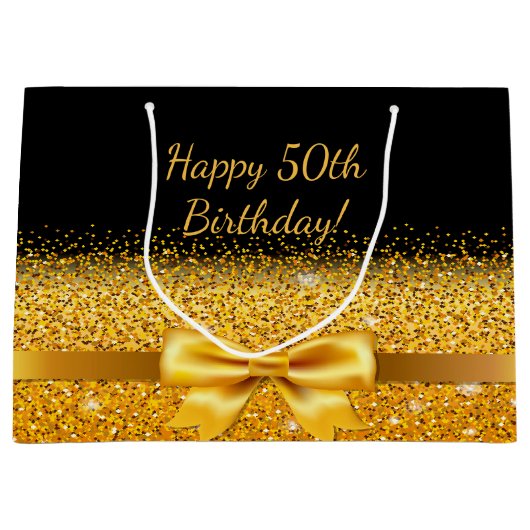 50e verjaardag zwarte gouden boog klassieke elegan large cadeautasje (Voorkant)