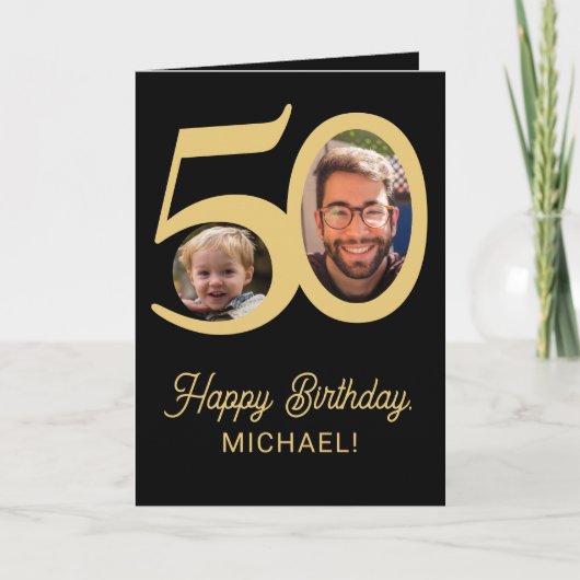 50e verjaardag zwarte gouden foto kaart (Voorkant)