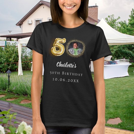 50e verjaardag zwarte gouden foto t-shirt