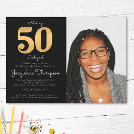 50e verjaardag zwarte gouden foto-uitnodiging kaart