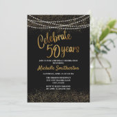 50e Verjaardag Zwarte Gouden Glitter Slingerlichtj Kaart (Staand voorkant)