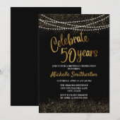 50e Verjaardag Zwarte Gouden Glitter Slingerlichtj Kaart (Voorkant / Achterkant)