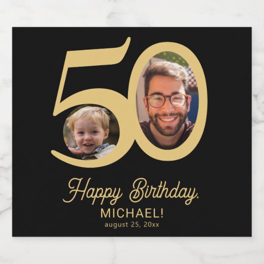 50e verjaardag zwarte gouden moderne foto sparkling wijnetiket (Enkel label)