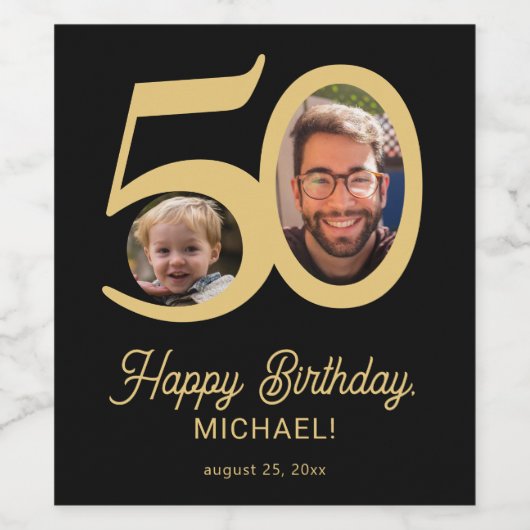 50e verjaardag zwarte gouden moderne foto wijn etiket (Enkel label)
