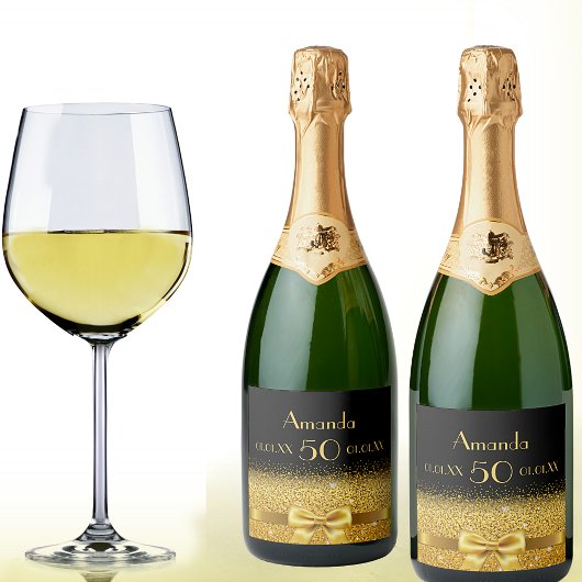 50e verjaardag zwarte gouden naam chic sparkling wijnetiket