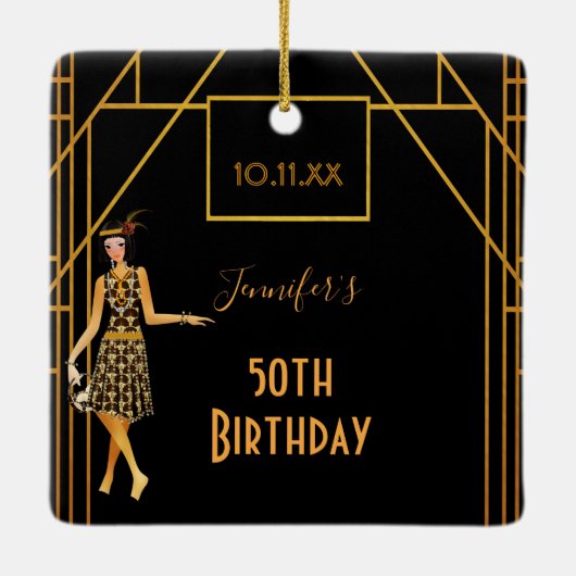 50e verjaardag zwarte gouden roaring in het kunstd keramisch ornament (Achterkant)