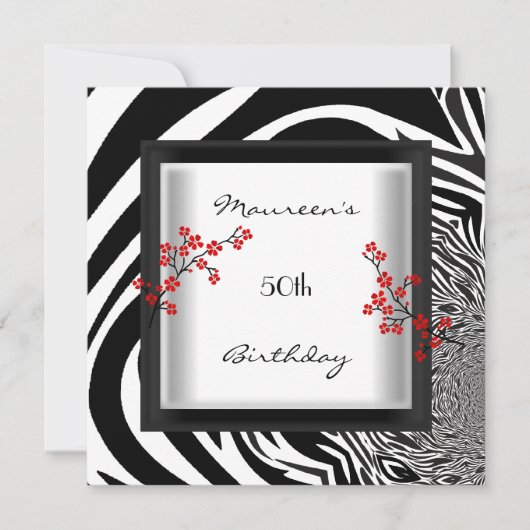50e verjaardag zwarte rode rode Zebra Floral-Aziat Kaart (Voorkant)
