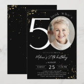 50e verjaardag zwarte uitnodiging met foto (Voorkant / Achterkant)