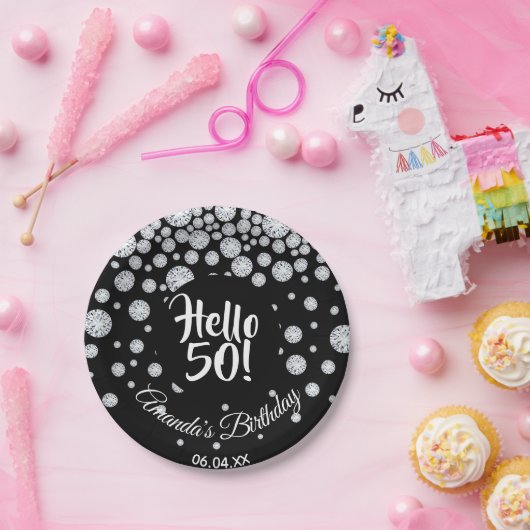 50e verjaardag Zwarte witte diamanten naam Papieren Bordje (Feest)
