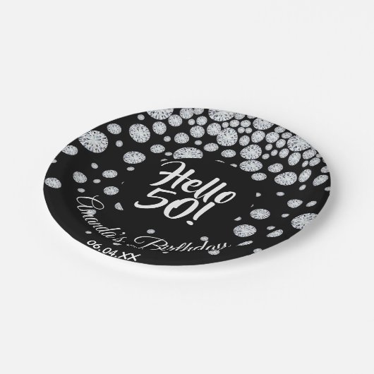 50e verjaardag Zwarte witte diamanten naam Papieren Bordje (Gekanteld)