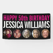 50e verjaardag zwarte witte roze vijf fotocirkels spandoek (Horizontaal)