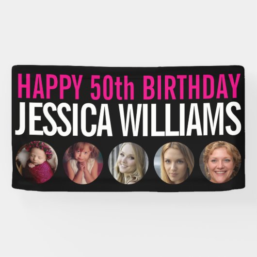 50e verjaardag zwarte witte roze vijf fotocirkels spandoek (Horizontaal)