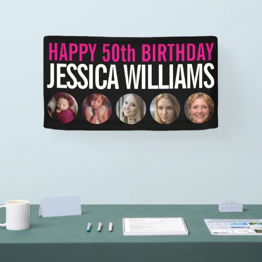 50e verjaardag zwarte witte roze vijf fotocirkels spandoek (Beurs)