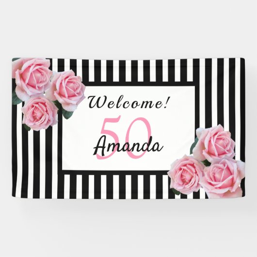50e verjaardag zwarte witte strepen floral spandoek (Horizontaal)