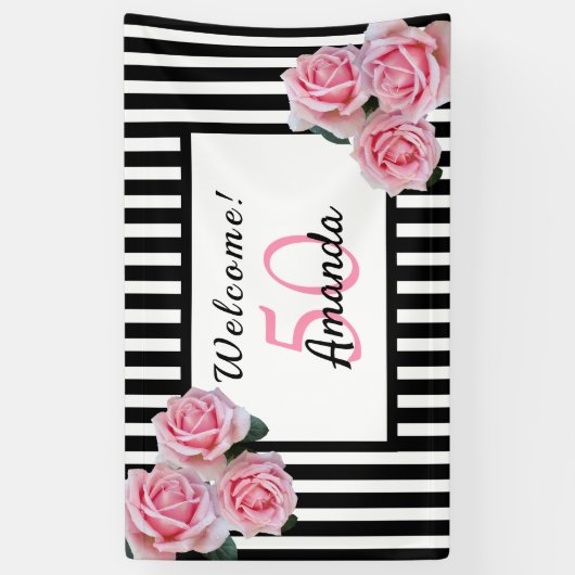 50e verjaardag zwarte witte strepen floral spandoek (Verticaal)