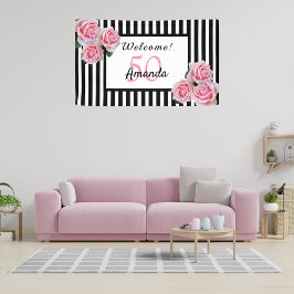 50e verjaardag zwarte witte strepen floral spandoek