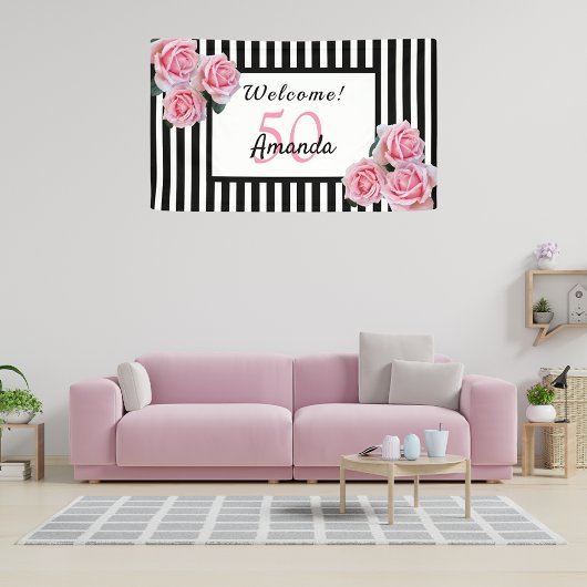 50e verjaardag zwarte witte strepen floral spandoek