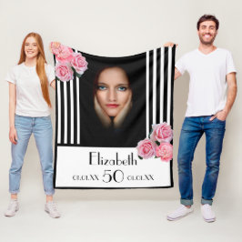 50e verjaardag zwarte witte strepen florals foto fleece deken