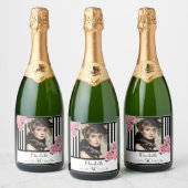 50e verjaardag zwarte witte strepen foto van flora sparkling wijnetiket (Flessen)