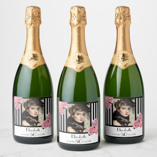 50e verjaardag zwarte witte strepen foto van flora sparkling wijnetiket (Flessen)