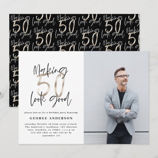 50e verjaardag zwarte zilveren elegante moderne (Voorkant / Achterkant)