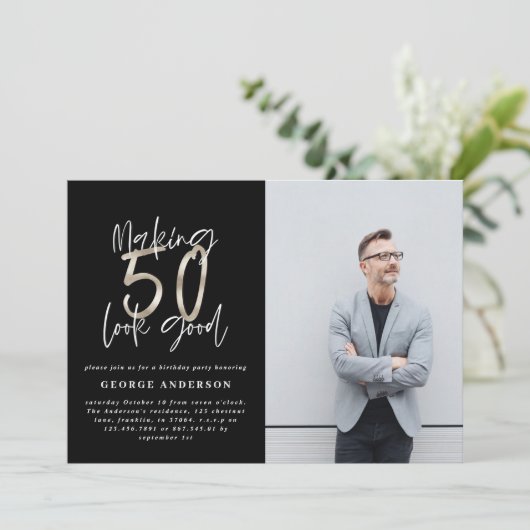 50e verjaardag zwarte zilveren elegante moderne (Staand voorkant)