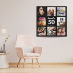 50e verjaardag zwarte zilveren fotocollage imitatie canvas print<br><div class="desc">Een unieke gave voor een 50ste verjaardag, die haar leven viert met een collage van acht van je eigen foto's, afbeeldingen. Pas haar naam en een datum aan en voeg deze toe. Een zwarte achtergrond. De naam wordt geschreven met een modern handgeschreven stijlmanuscript, nummer 50 met een faux zilveren ballonstijldoopvont....</div>