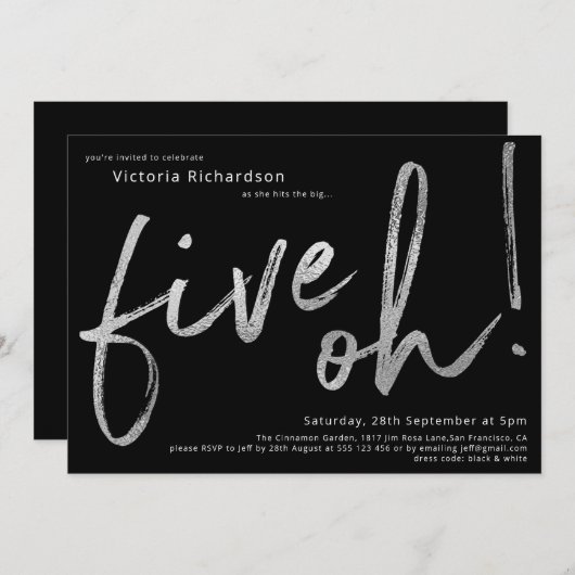 50e verjaardag zwarte zilverveger Vijf Oh Aangepas Kaart (Voorkant / Achterkant)