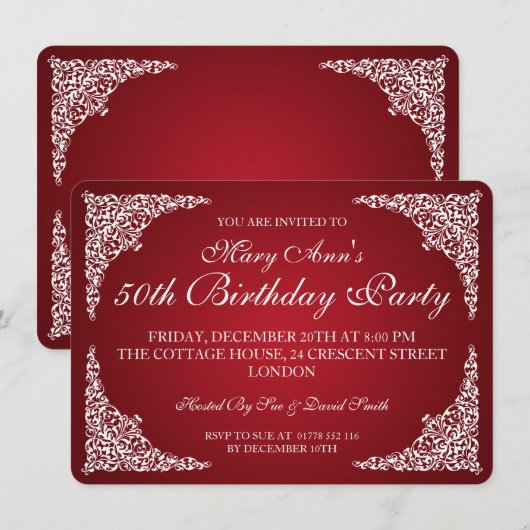 50e verjaardag  Zwirls Rood Kaart (Voorkant / Achterkant)