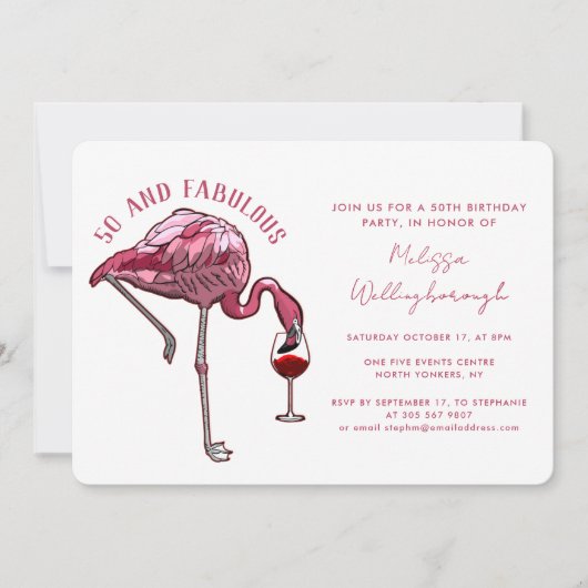 50e verjaardagsfeest 50 en fantastische roze flami kaart (Voorkant)