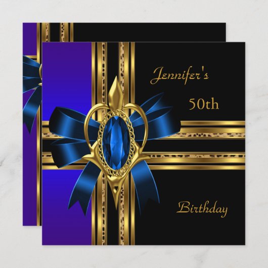 50e Verjaardagsfeest Blauw Goud Hart Juweel Kaart (Voorkant / Achterkant)