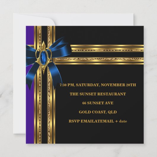 50e Verjaardagsfeest Blauw Goud Hart Juweel Kaart (Achterkant)