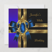 50e Verjaardagsfeest Blauw Goud Hart Juweel Kaart (Voorkant)