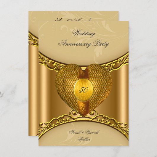 50e verjaardagsfeest Elegant Goud Gouden Hart Kaart (Voorkant / Achterkant)