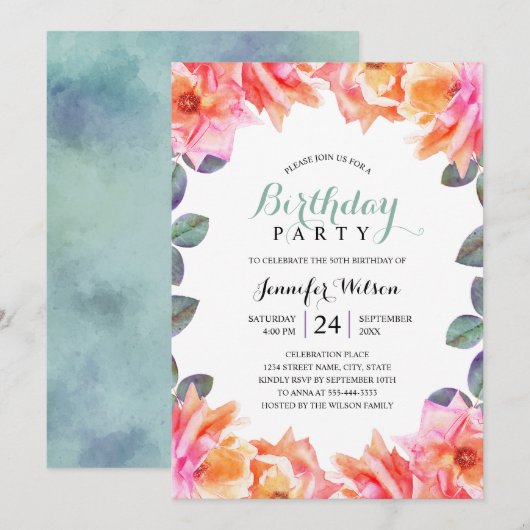 50e verjaardagsfeest Elegante Waterverf Rozen Kaart (Voorkant / Achterkant)