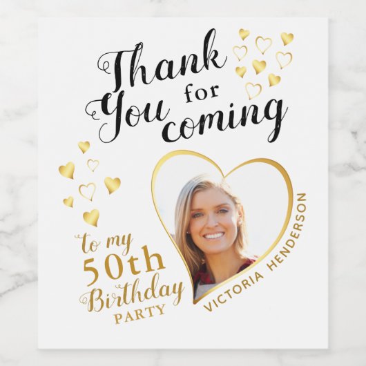 50e verjaardagsfeest foto wit en goud bedankt wijn etiket (Enkel label)