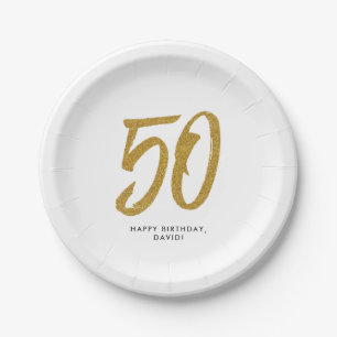 50e verjaardagsfeest gepersonaliseerd goud wit papieren bordje