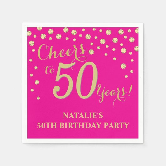 50e Verjaardagsfeest Hot Pink en Gold Diamond Servet (Voorkant)