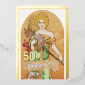 50e Verjaardagsfeest, Lentegodin, Vintage Kunst Folie Uitnodiging (Voorkant)