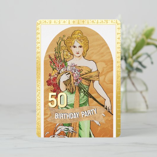 50e Verjaardagsfeest, Lentegodin, Vintage Kunst Folie Uitnodiging (Staand Voorkant)