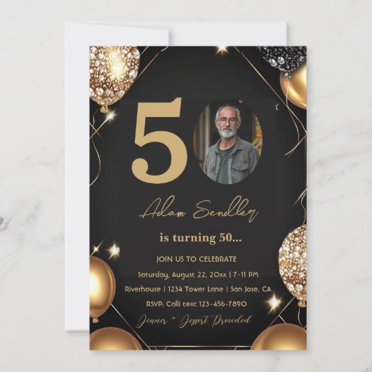 50e verjaardagsfeest met ballonnen en glitter kaart (Voorkant)