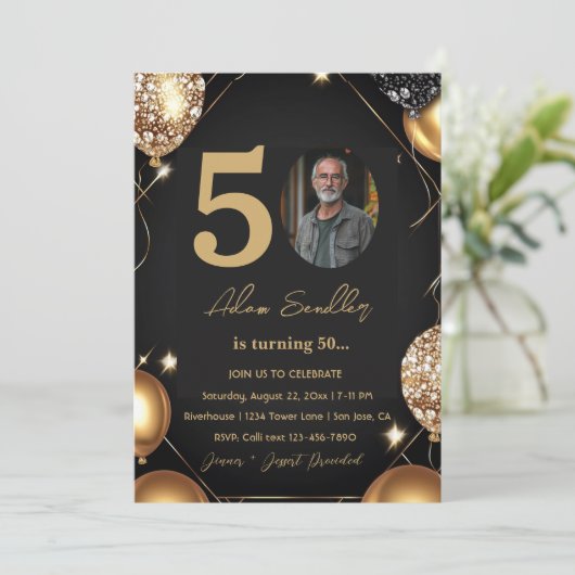 50e verjaardagsfeest met ballonnen en glitter kaart (Staand voorkant)