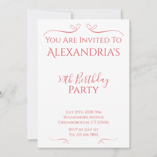 50e Verjaardagsfeest Minimal Modern Roze Rood Kaart (Voorkant)