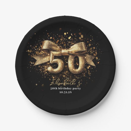 50e verjaardagsfeest Modern Zwart en Goud Papieren Bordje (Voorkant)