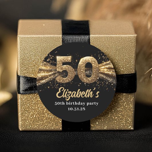 50e verjaardagsfeest Modern Zwart en Goud Ronde Sticker
