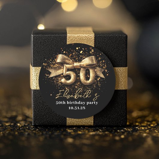 50e verjaardagsfeest Modern Zwart en Goud Ronde Sticker
